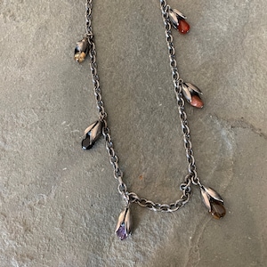 Handmade Sterling Silver Textured Chain with Tulip Silver Bead Cap Charms with Stones