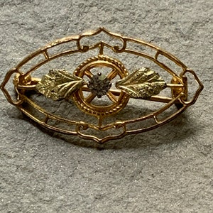 May include: A gold-toned brooch with an oval filigree design. The brooch features a central circular element with a small, dark gemstone and two leaf-shaped accents. The filigree frame has decorative curves.
