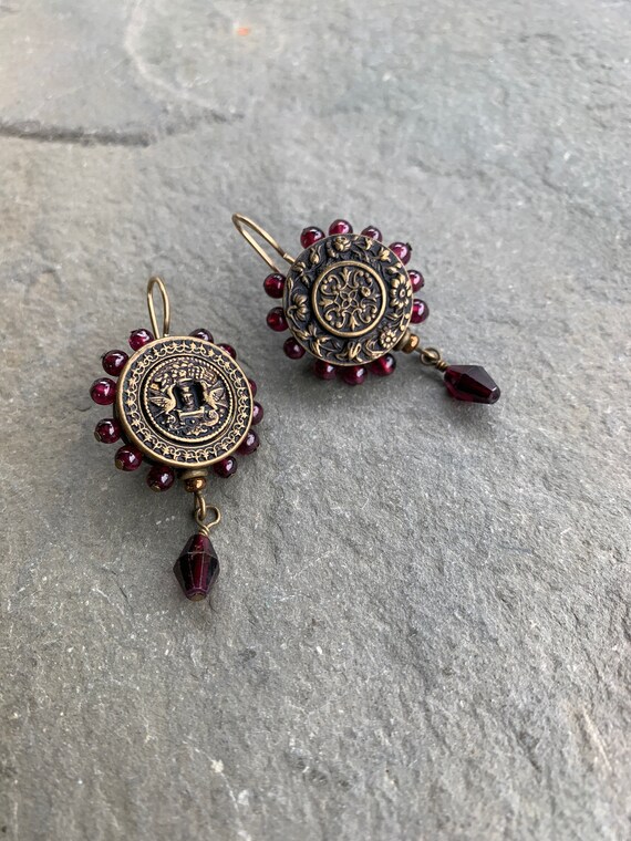 Brass Button Earrings with Garnets - image 3