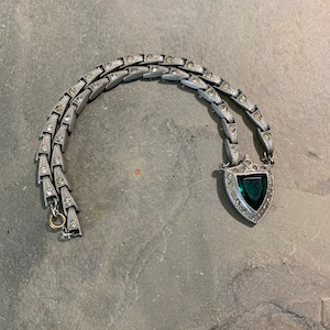 Rhinestone and Emerald Green Glass Shield Necklace
