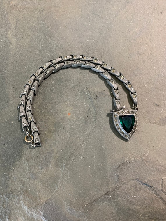 Rhinestone and Emerald Green Glass Shield Necklace
