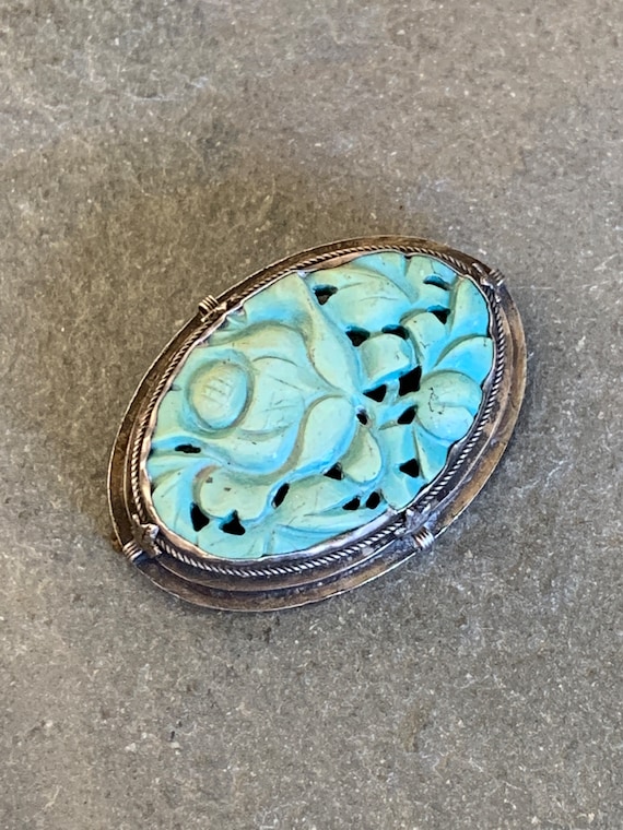 Carved Turquoise Brooch Pin, Antique Chinese Carv… - image 3