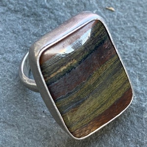 Rectangular Tiger Iron Ring, Size 7 1/2, adjustable, Mugglestone Ring