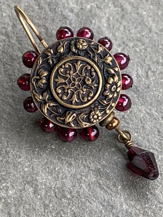Brass Button Earrings with Garnets - image 5