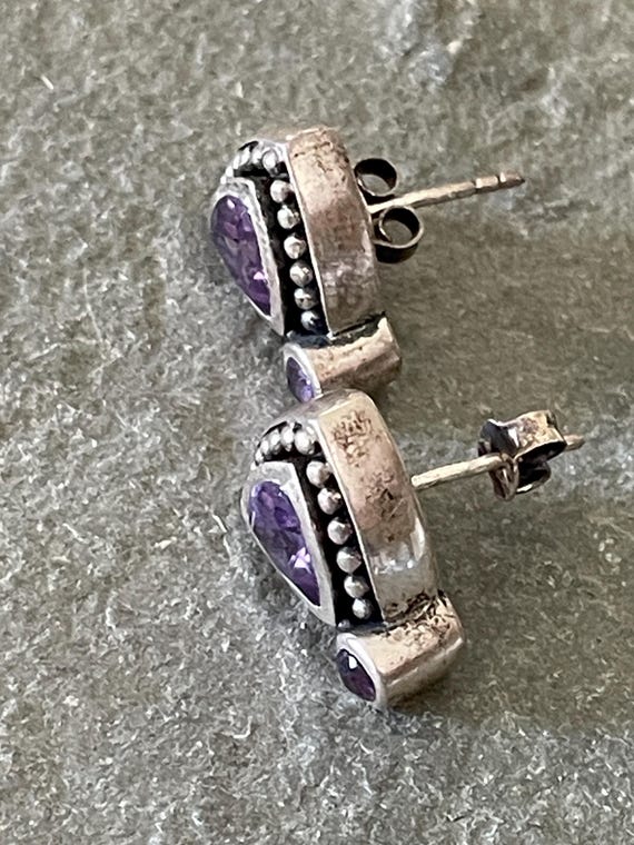 Triangular Amethyst and Silver Post Stud Earrings - image 3