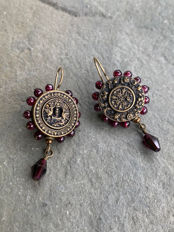 Brass Button Earrings with Garnets - image 1