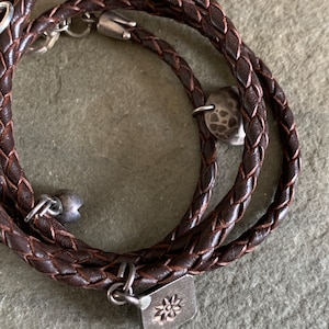 Braided Leather Wrap Bracelet with Sterling Silver Charms