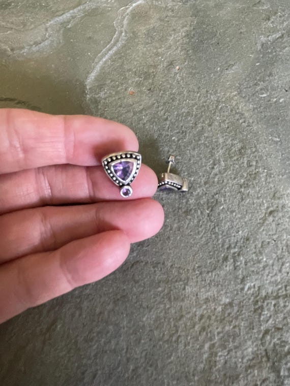 Triangular Amethyst and Silver Post Stud Earrings - image 5