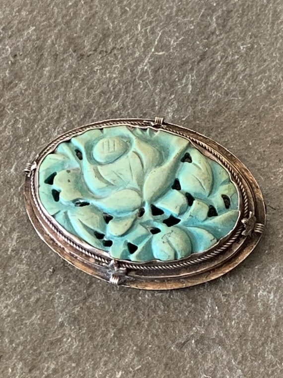 Carved Turquoise Brooch Pin, Antique Chinese Carv… - image 10