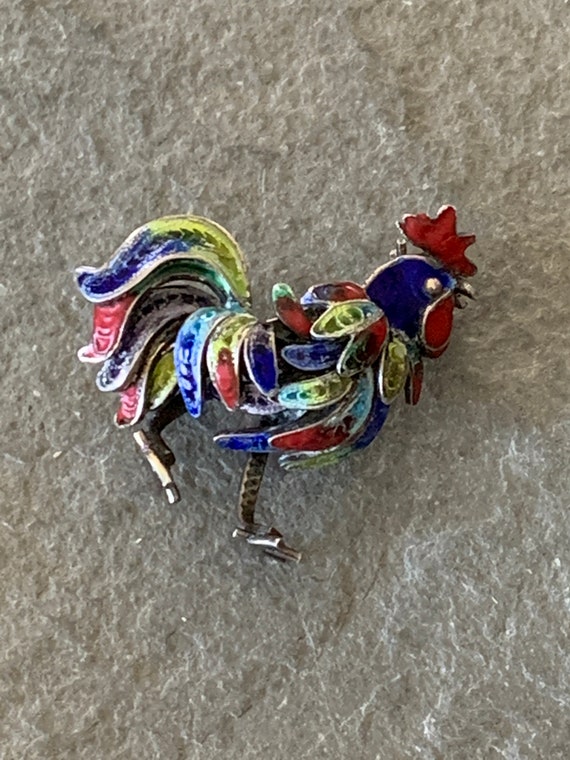 Victorian Enamel Rooster Brooch Pin, Antique 800 S