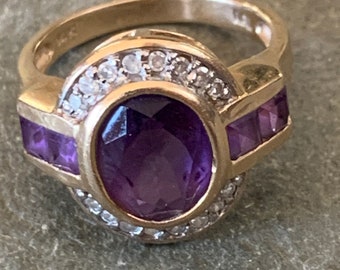 Vintage Amethyst and Diamond Ring in 14k Gold, size 6 1/4