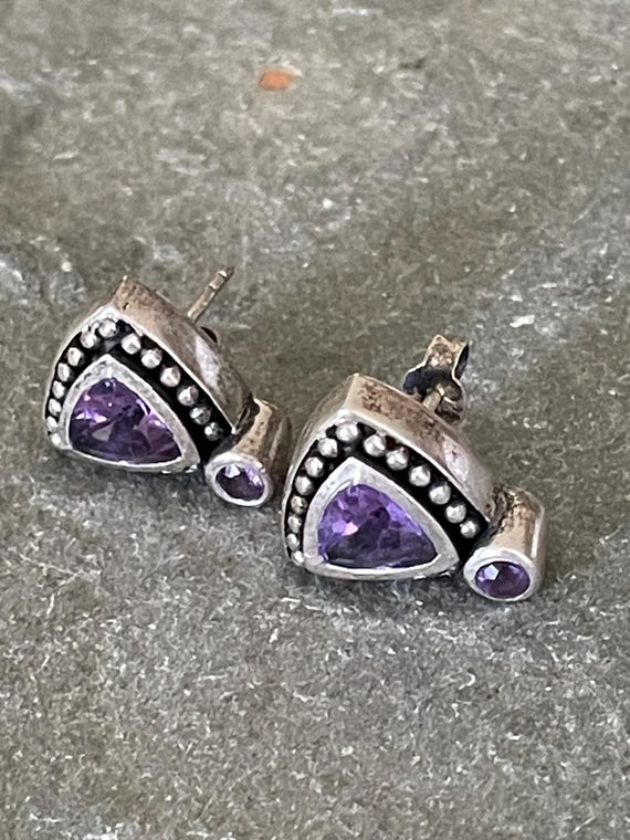 Triangular Amethyst and Silver Post Stud Earrings - image 9