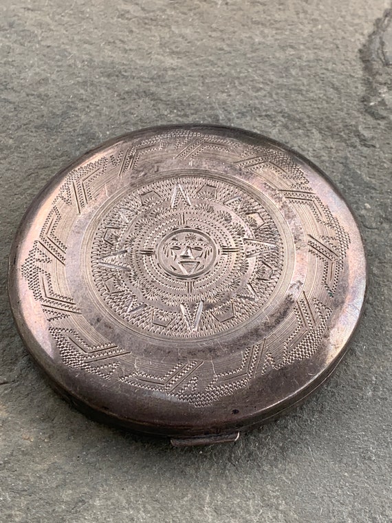 Sterling Silver Compact, Mexican Aztec Calendar, … - image 2