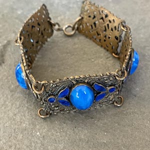 Vintage Czech Filigree Brass Bracelet with Czech Glass Cabs and Enamel
