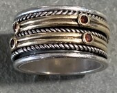Vintage Sterling Silver and 14k Gold Spinner Ring with Garnets, Size 8