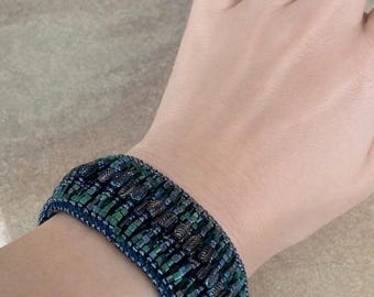 Woven Beaded Bracelet with Seed Beads, Czech Glass and Sterling Silver Clasp