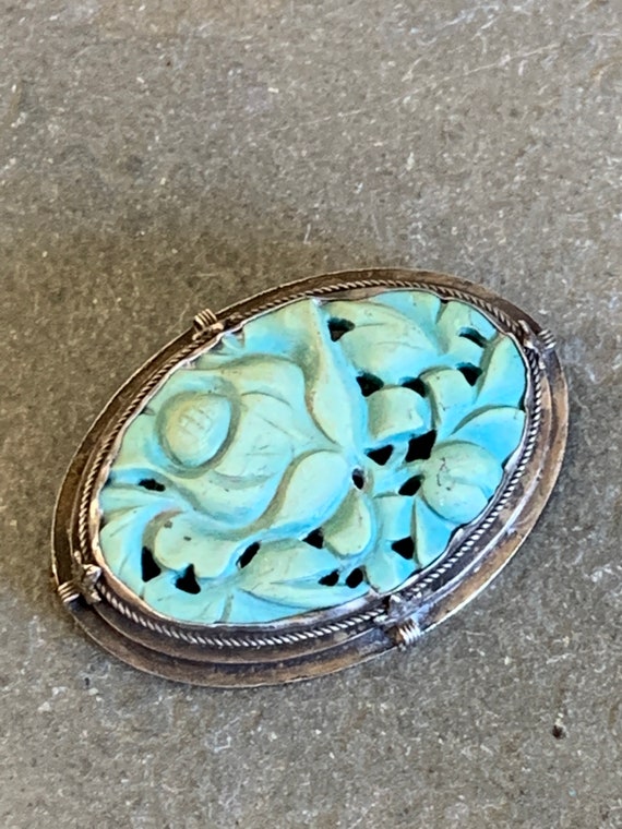Carved Turquoise Brooch Pin, Antique Chinese Carv… - image 7