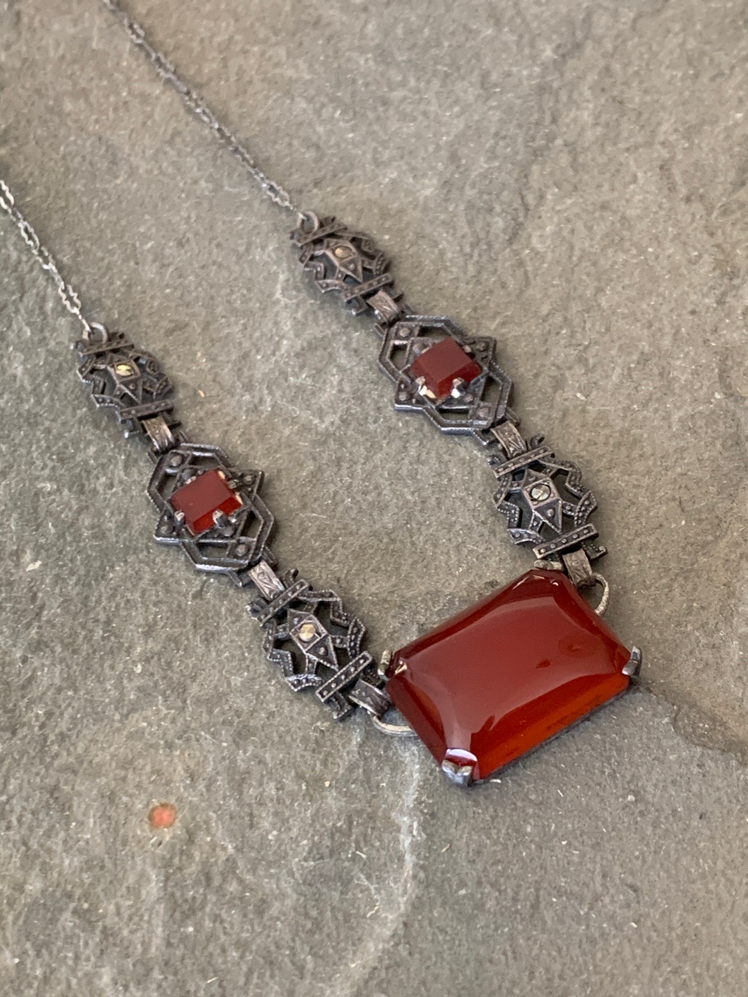 Art Deco Carnelian and Marcasite Necklace in Sterling Silver - Etsy