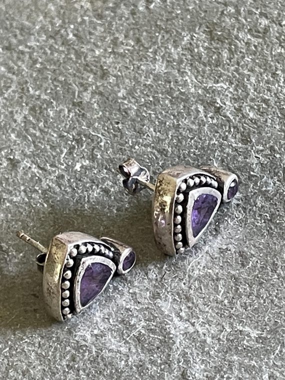 Triangular Amethyst and Silver Post Stud Earrings - image 2