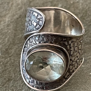 Green Amethyst Wrap Around Ring with Sterling Silver, Size 8.5