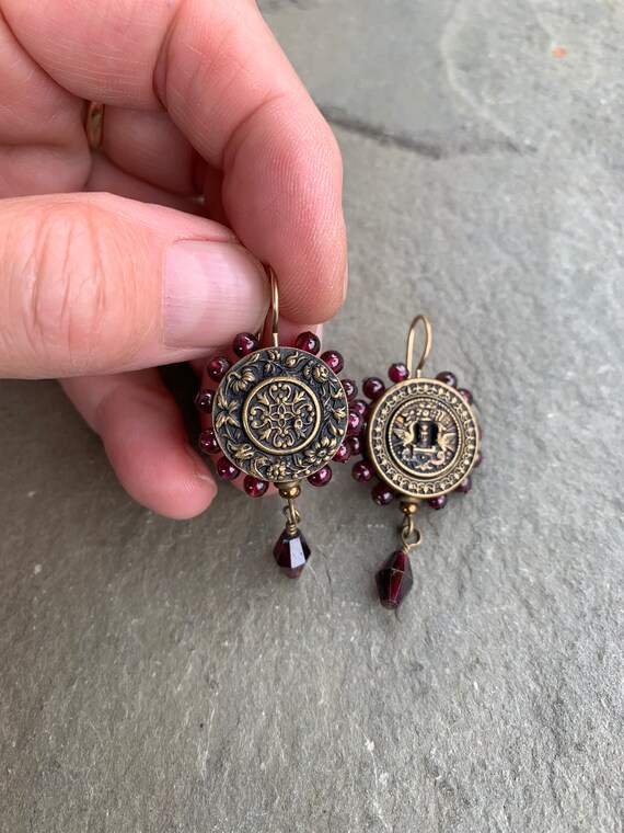 Brass Button Earrings with Garnets - image 7