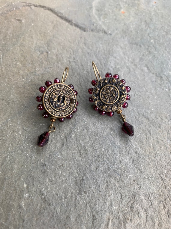 Brass Button Earrings with Garnets - image 2
