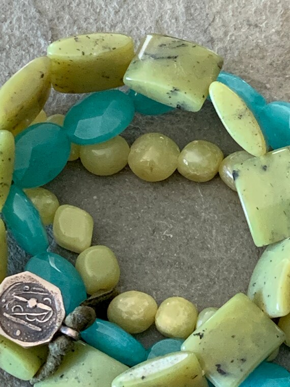 Green and Blue Stone Triple-Strand Bracelet - image 6