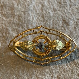 May include: A gold-toned brooch with an oval filigree design. The brooch features a central circular element with a small, dark gemstone and stylized leaf accents. The overall design is ornate and vintage-inspired.