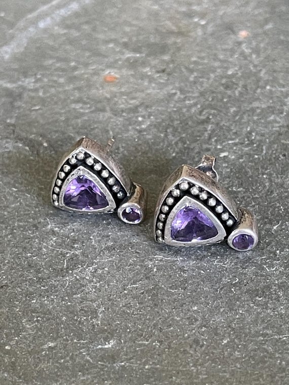 Triangular Amethyst and Silver Post Stud Earrings - image 1