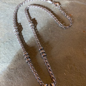4mm Sterling Silver Braided Wheat Chain Necklace with Diamond Beads, 16-18&quot; adjustable