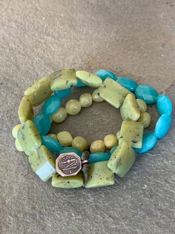 Green and Blue Stone Triple-Strand Bracelet - image 1