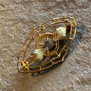 May include: A gold-toned brooch with an oval filigree frame. Inside, a central design features a dark-colored gem surrounded by a wheel-like pattern and two gold-colored leaf accents. The brooch is a vintage style.