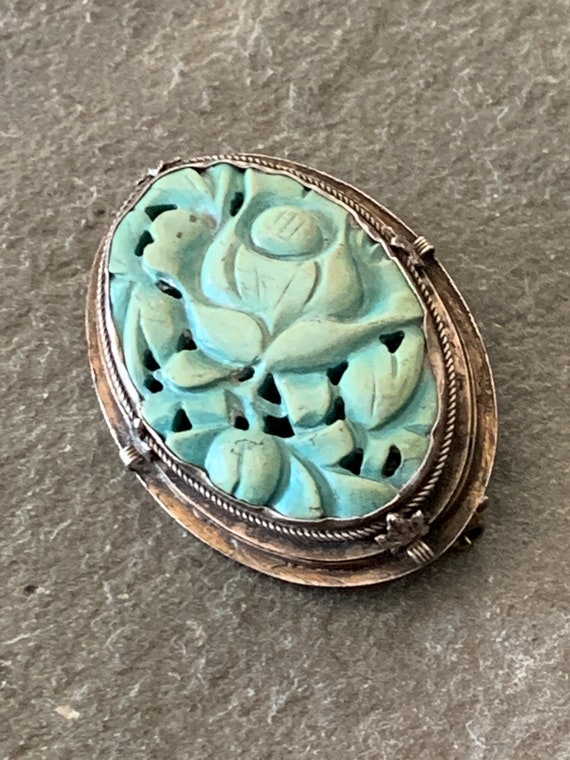 Carved Turquoise Brooch Pin, Antique Chinese Carv… - image 6