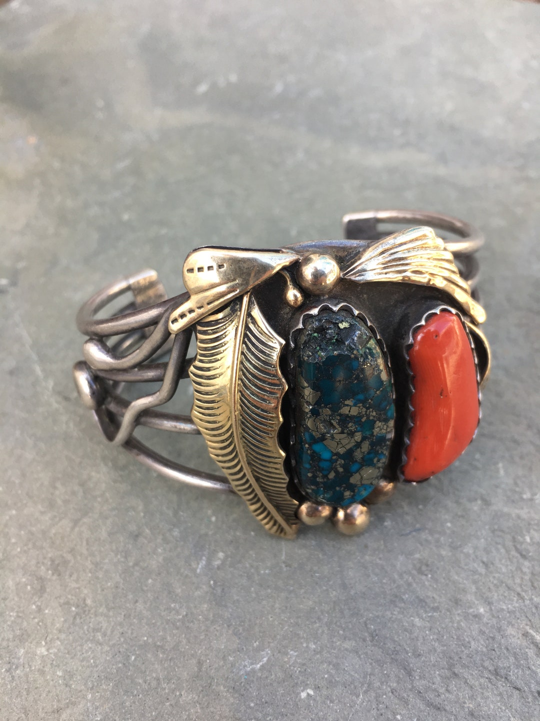 Gorgeous Navajo Turquoise and Coral Bracelet With Sterling Silver and ...