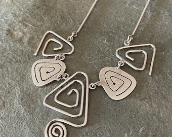 Taxco Modernist  Geometric Spiral Sterling Silver Chain Necklace