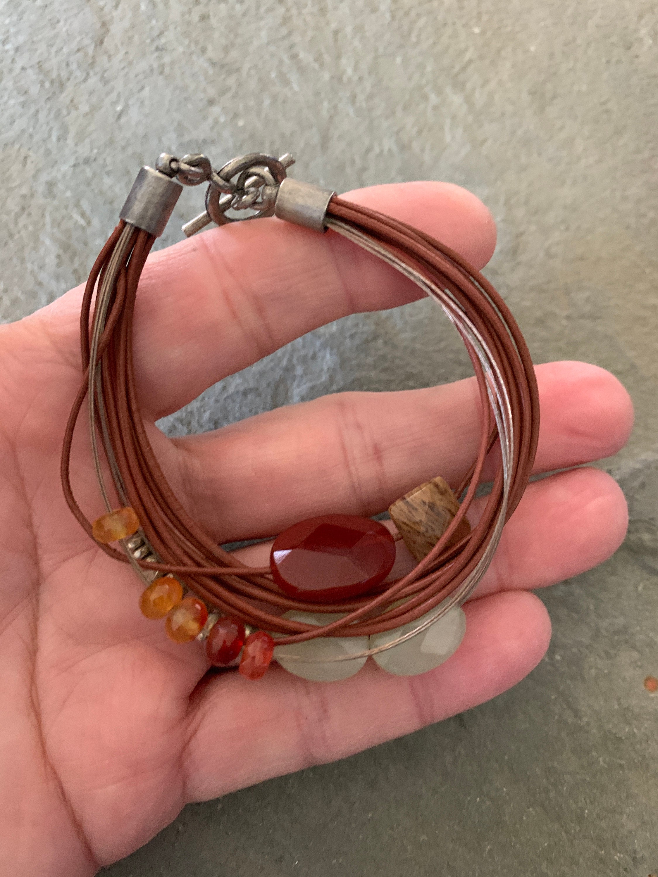 Brown Leather Bracelet With Assorted Beads 