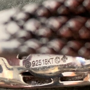 May include: Close-up of a silver metal tag with the inscription "925 18KT" and a symbol.