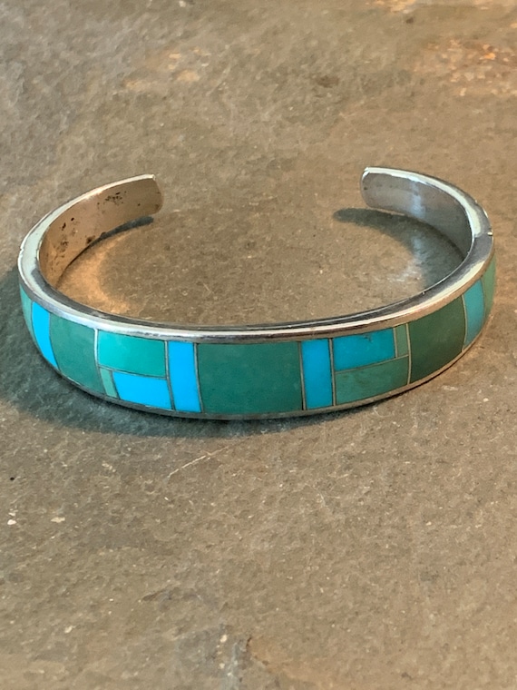 Navajo Handmade Green and Blue Turquoise Sterling 