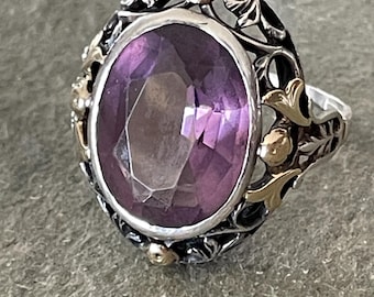 Antique Amethyst Ring with Sterling Silver and 14k Gold, Size 9 1/4