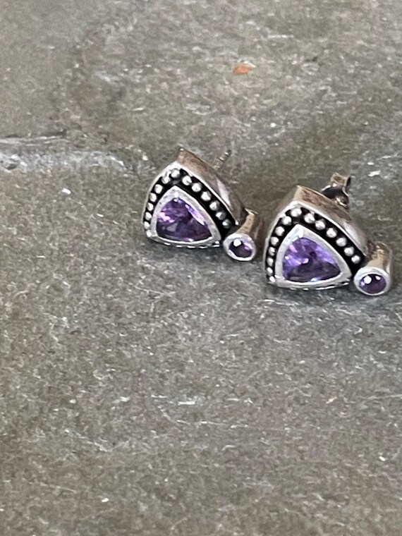 Triangular Amethyst and Silver Post Stud Earrings - image 7