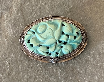 Carved Turquoise Brooch Pin, Antique Chinese Carved Turquoise