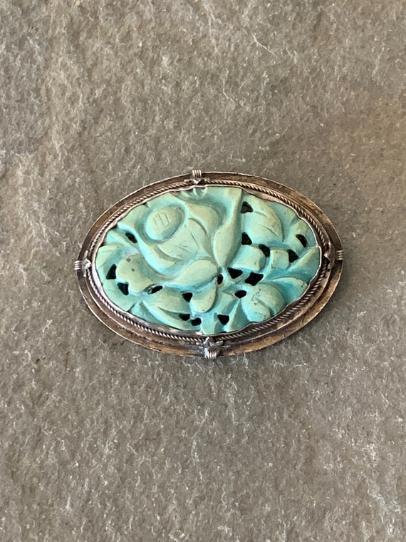 Carved Turquoise Brooch Pin, Antique Chinese Carve