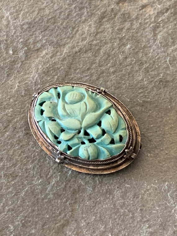 Carved Turquoise Brooch Pin, Antique Chinese Carv… - image 2