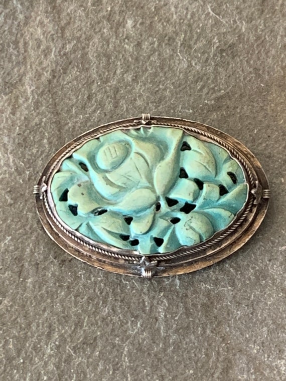 Carved Turquoise Brooch Pin, Antique Chinese Carv… - image 4