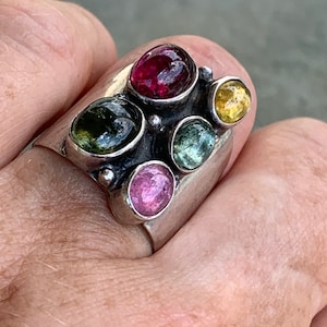 Vintage Handmade Tourmaline Ring with 5 different colors of tourmaline set in sterling silver, size 8.5