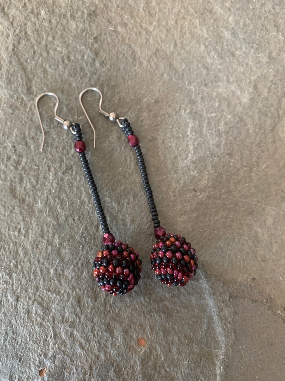 Vintage Beaded Dangle Earrings, Black and Red Bead