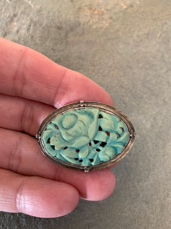 Carved Turquoise Brooch Pin, Antique Chinese Carv… - image 8