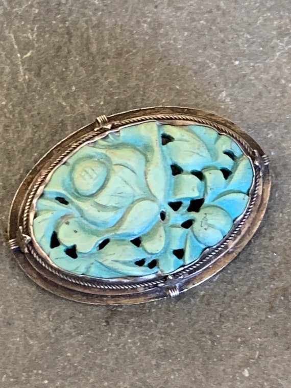 Carved Turquoise Brooch Pin, Antique Chinese Carv… - image 9