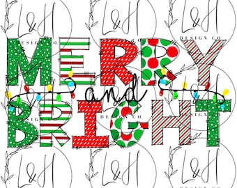 Op de afbeelding: Een feestelijke afbeelding met de woorden "MERRY and BRIGHT" in rode en groene patronen, geaccentueerd met een slinger van gekleurde lichtjes. Het ontwerp staat tegen een achtergrond van cirkelvormige logo's met bloemmotieven, perfect voor kerstproducten.