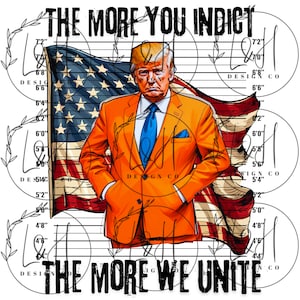May include: A digital illustration of a man in an orange suit standing in front of an American flag. The man has a serious expression on his face. The text "THE MORE YOU INDICT THE MORE WE UNITE" is written in black letters on a white background.